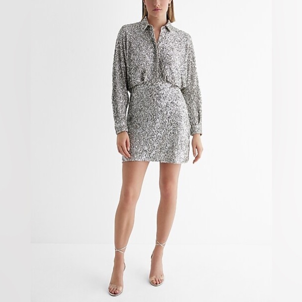Express Sequin Half Button Up Mini Portofino Shirt Dress
